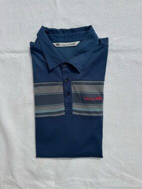Men’s Travis Mathew Navy Polo with Gray Stripe and Red Logo L
